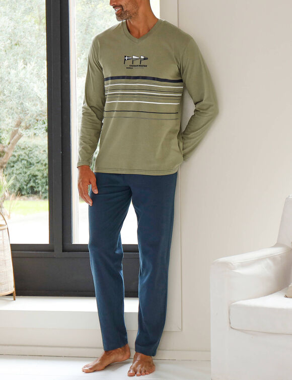Pyjama long col V manches longues coton adouci (tilleul / marine)