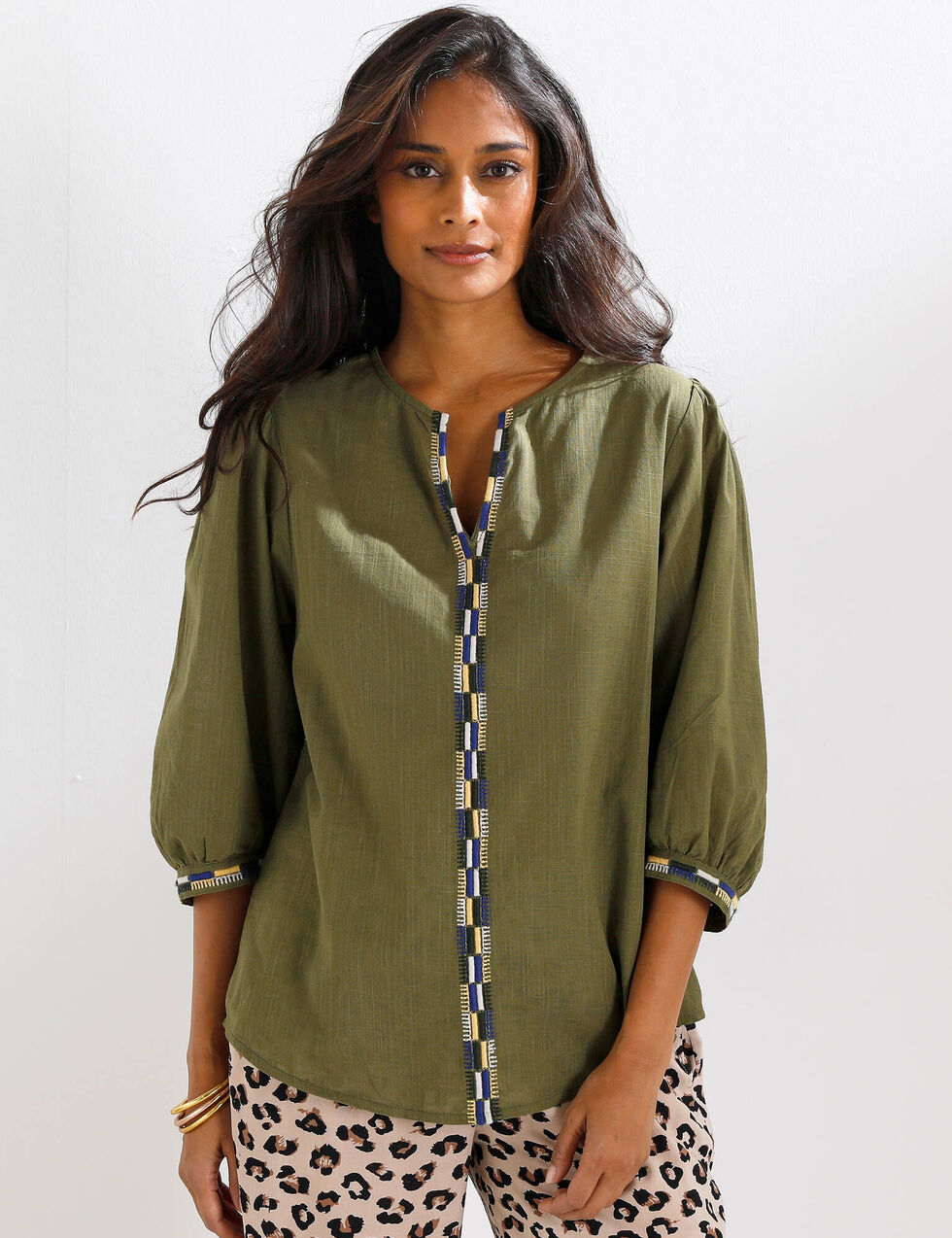 Blouse Broderie Manche 3/4 Unie