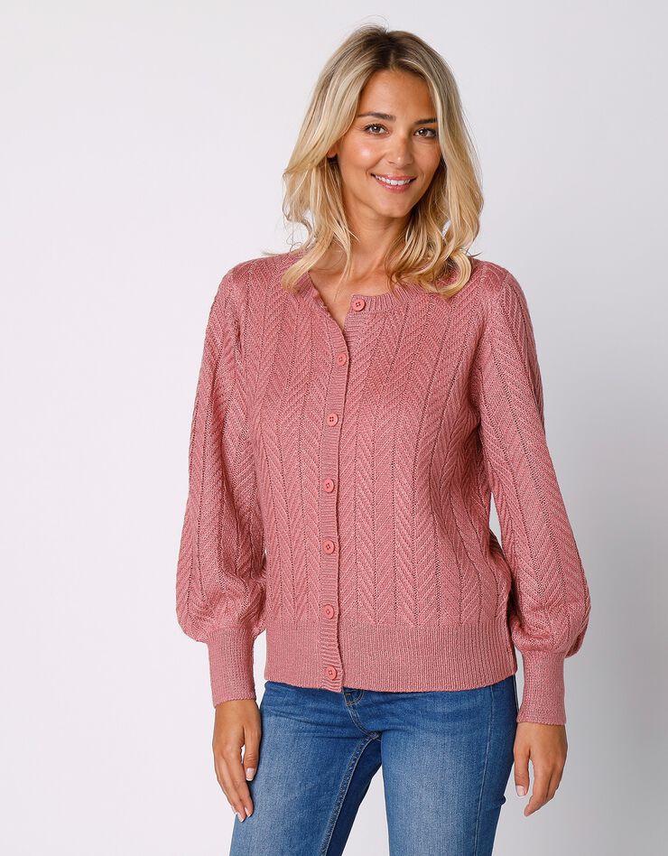 Cardigan boutonné maille fantaisie manches bouffantes (bois de rose) Cardigan boutonné maille fantaisie manches bouffantes (bois de rose)