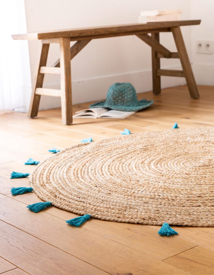 Tapis rond en jute avec pompons de couleur (turquoise)