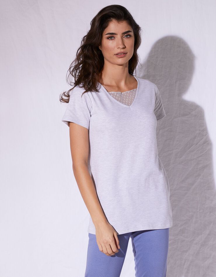 Tee-shirt col plumetis manches courtes (gris chiné) Tee-shirt col plumetis manches courtes (gris chiné)