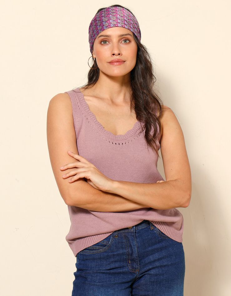 Pull débardeur en maille jersey, col festonné ajouré fantaisie (rose grisé) Pull débardeur en maille jersey, col festonné ajouré fantaisie (rose grisé)