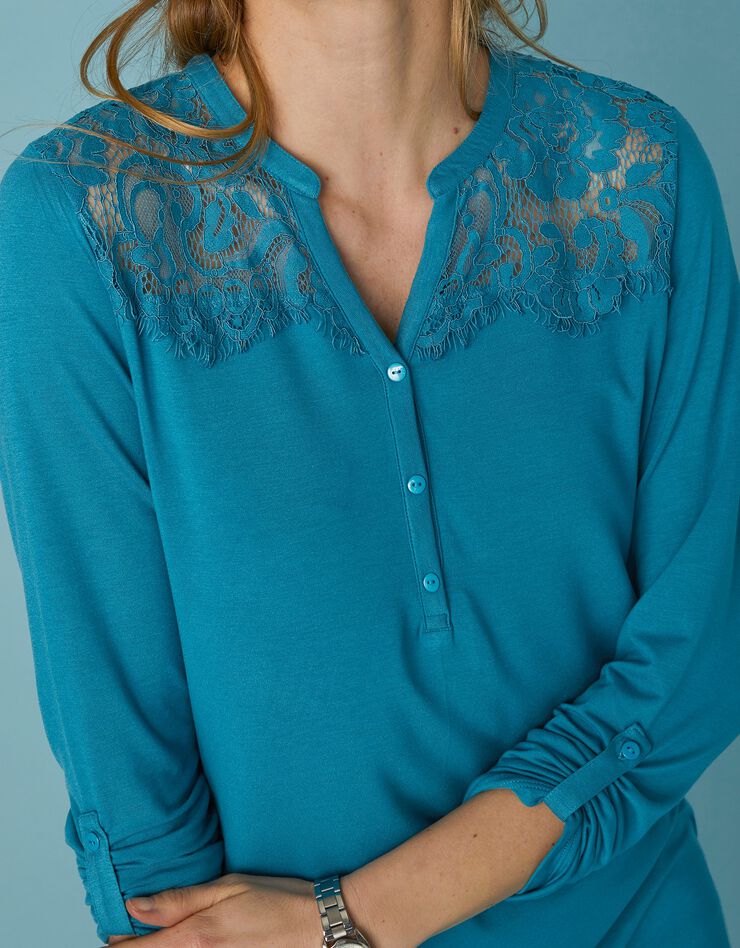 Tee-shirt col tunisien dentelle jersey (bleu prusse) Tee-shirt col tunisien dentelle jersey (bleu prusse)