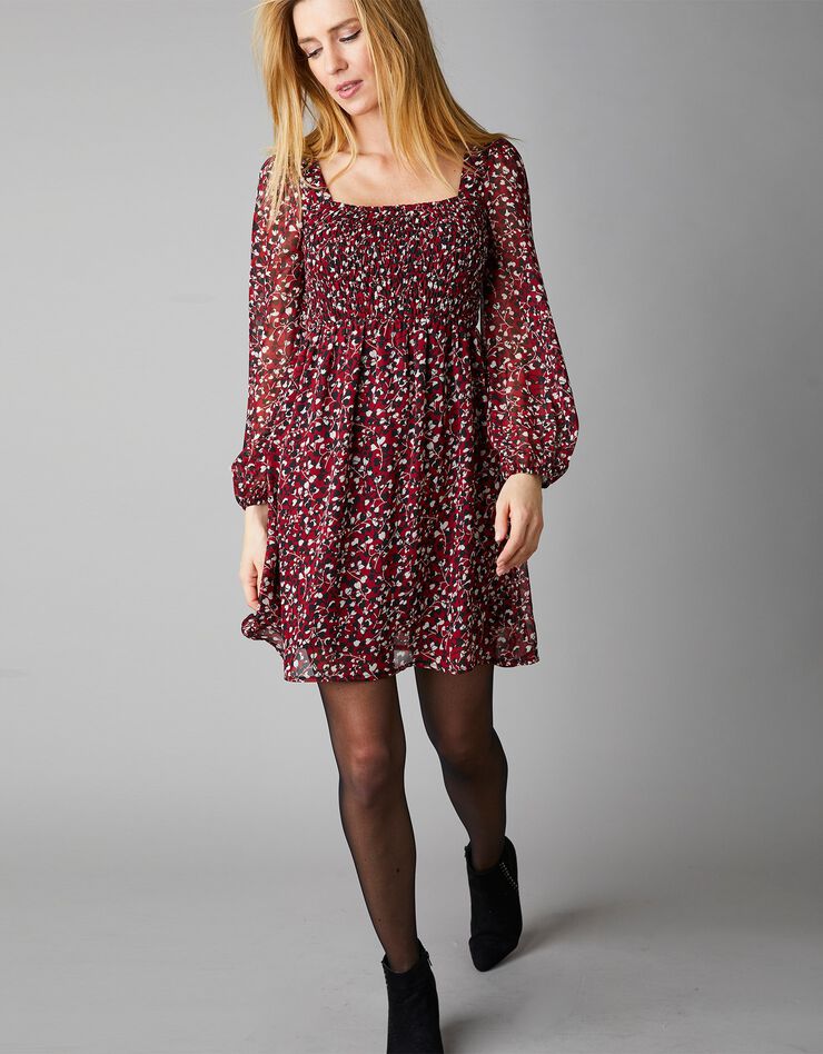 Robe imprimée encolure carrée smockée (rouge / noir) Robe imprimée encolure carrée smockée (rouge / noir)