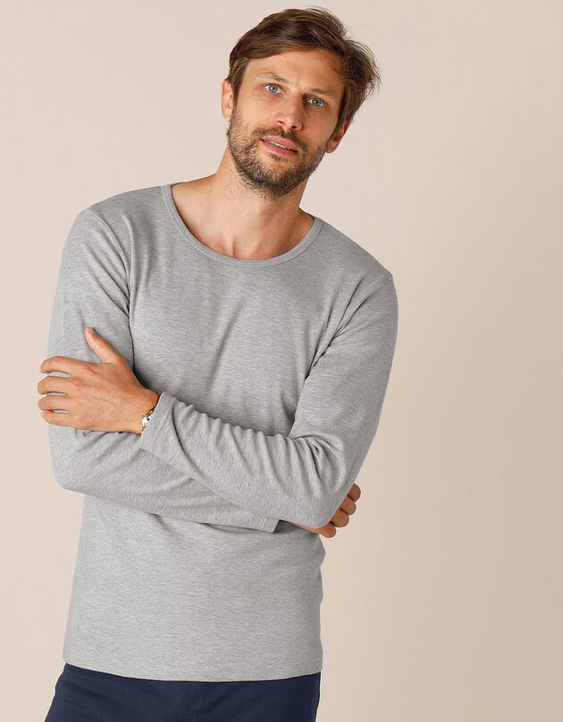 Tee-shirt sous-vêtement homme col rond manches longues dos long coton - lot de 2 (gris chiné)