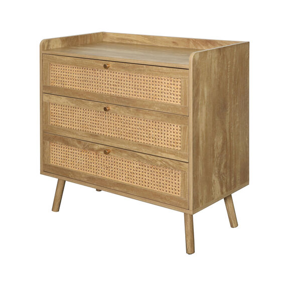 Commode 3 tiroirs, en bois et rotin (naturel)