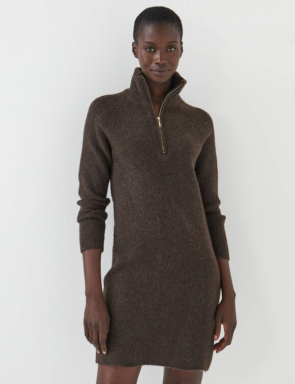 Robe pull col camionneur, maille c&ocirc;tel&eacute;e en laine m&eacute;lang&eacute;e (chocolat)