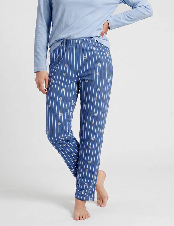 Pantalon pyjama ray&eacute; &laquo;charme botanique&raquo; (bleu / &eacute;cru)