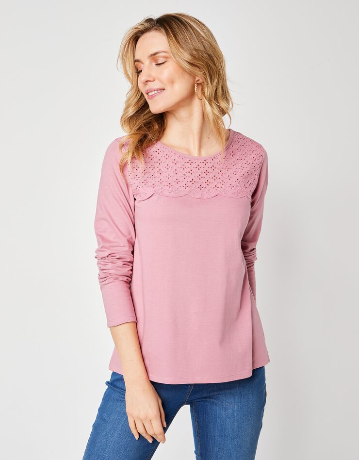 Tee-shirt manches longues, empiècement broderie anglaise (rose grisé) Tee-shirt manches longues, empiècement broderie anglaise (rose grisé)