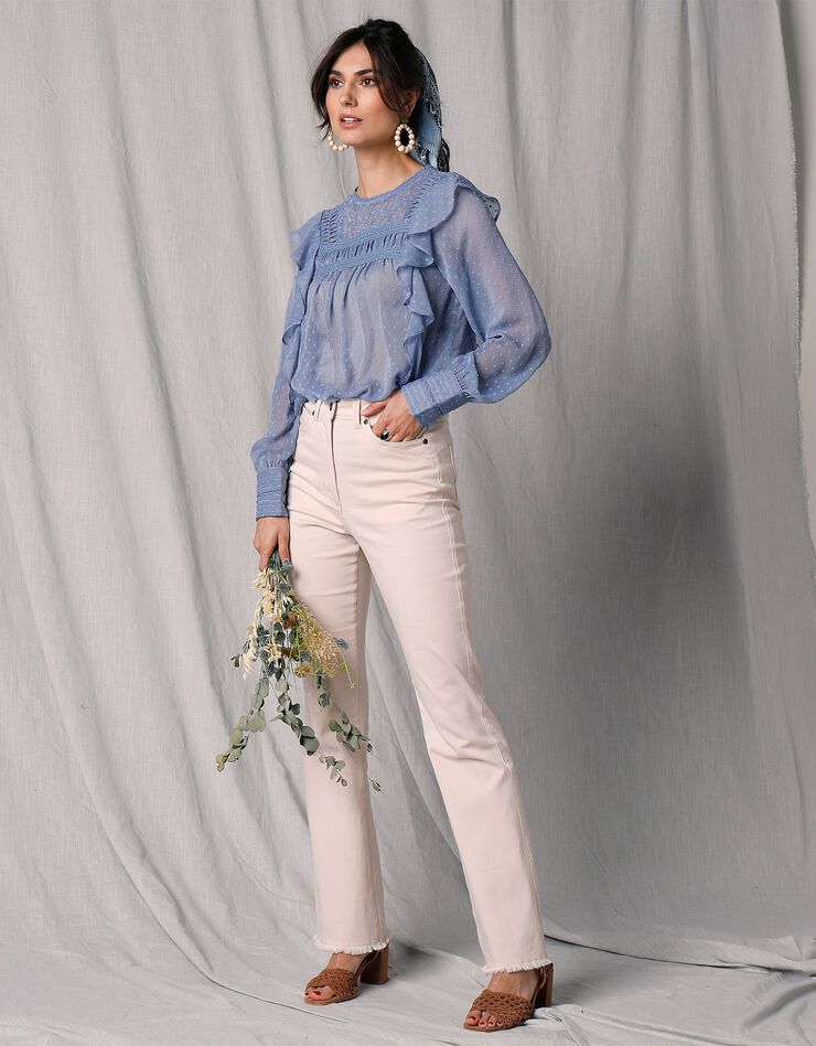 Blouse brodée volantée manches longues voile plumetis (bleu grisé) Blouse brodée volantée manches longues voile plumetis (bleu grisé)