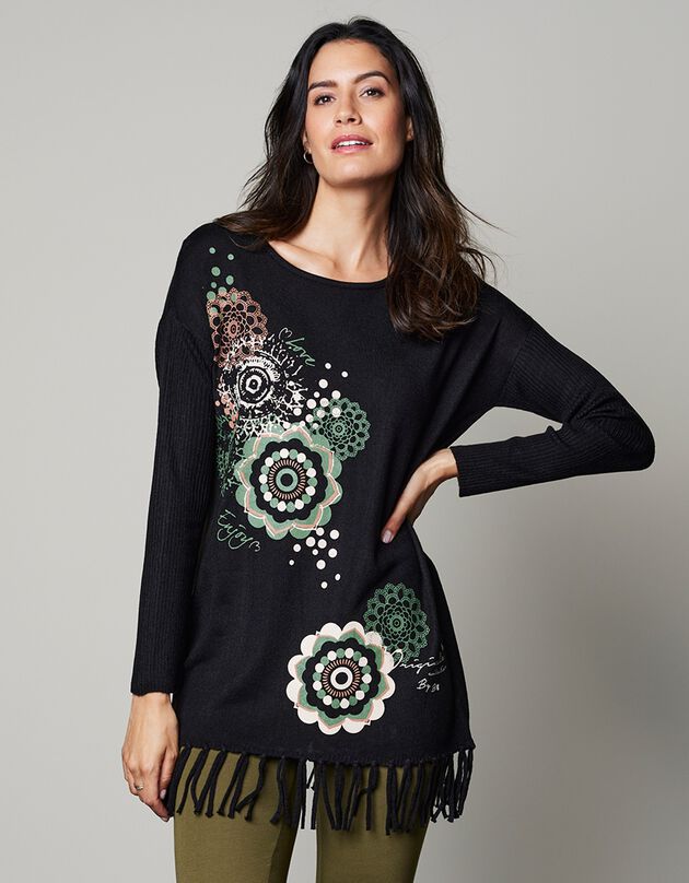 Pull à franges imprimé (noir / kaki)