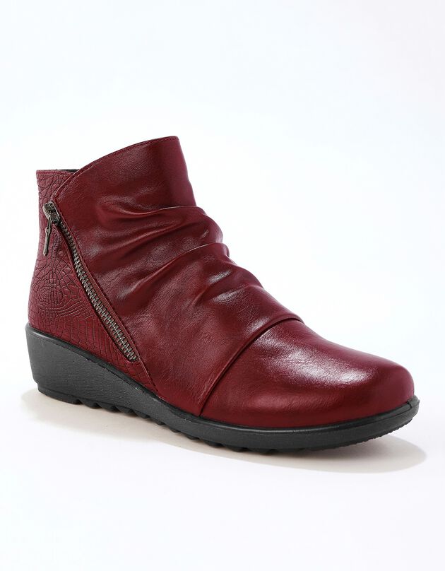 Boots compensées plissées et zippées, dos effet croco (bordeaux)