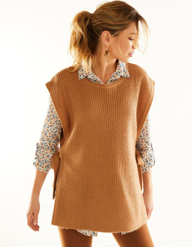 Pull tunique sans manches, maille anglaise toucher mohair (caramel)
