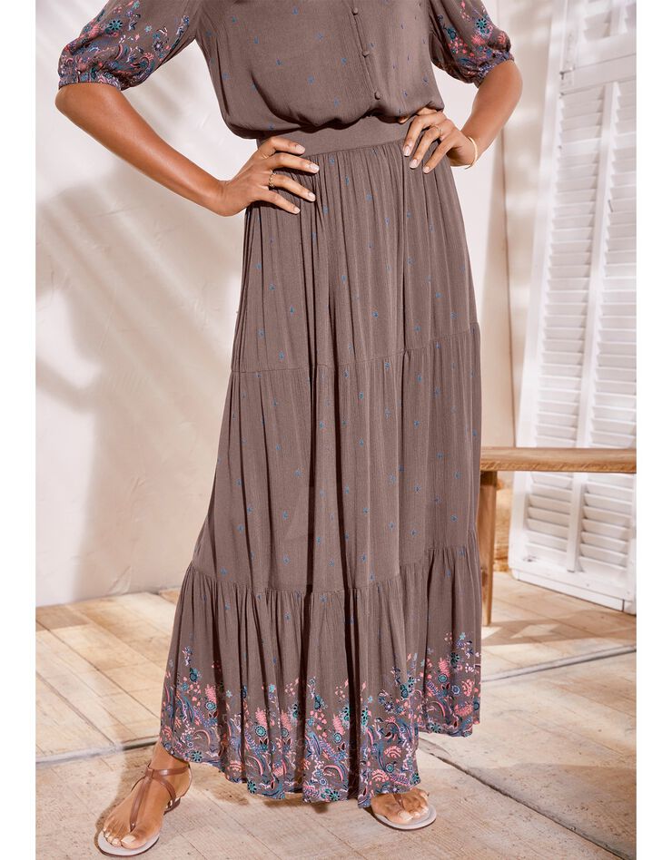 Jupon long volanté base imprimée, crépon (taupe) Jupon long volanté base imprimée, crépon (taupe)