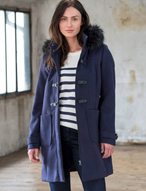 Duffle-coat capuche fausse fourrure uni (marine)
