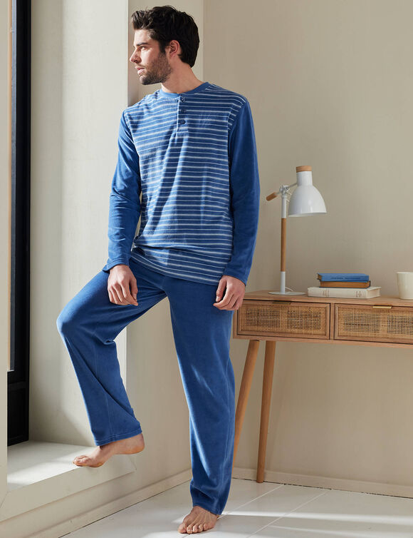 Pyjama pantalon rayé velours manches longues (bleu)