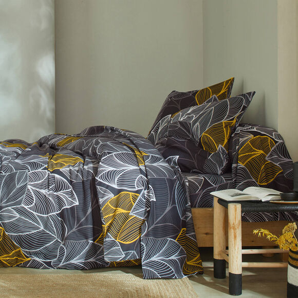 Linge de lit Elsa en polycoton à motifs feuilles (gris)