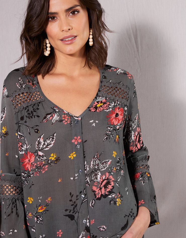 Blouse imprimée détails macramé (kaki / corail) Blouse imprimée détails macramé (kaki / corail)