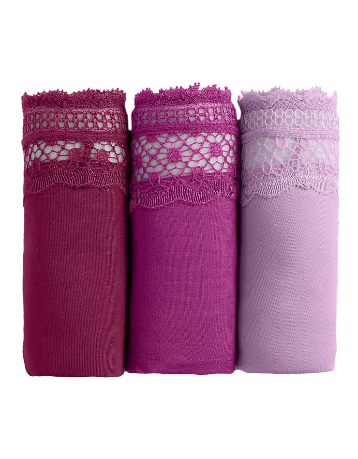 Culotte forme midi coton stretch et dentelle - lot de 3 (prune + violine + parme) Culotte forme midi coton stretch et dentelle - lot de 3 (prune + violine + parme)