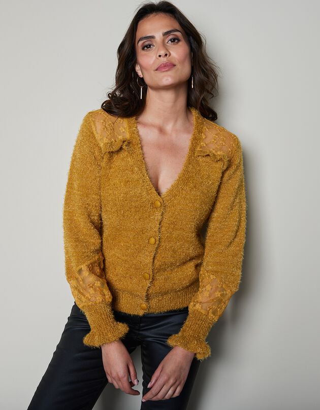 Gilet tulle brodé, maille douceur (curry)