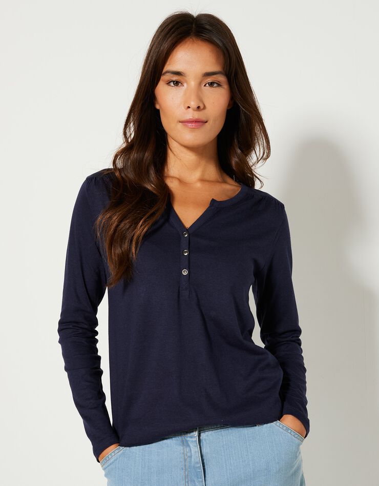 Tee-shirt col tunisien manches longues, uni (marine) Tee-shirt col tunisien manches longues, uni (marine)