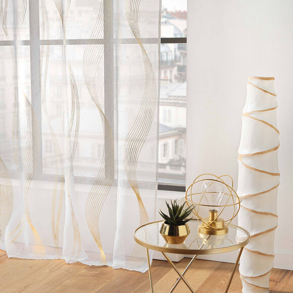 Voilage impression m&eacute;tallis&eacute;e, motif serpentin, finition &oelig;illets (blanc / dor&eacute;)