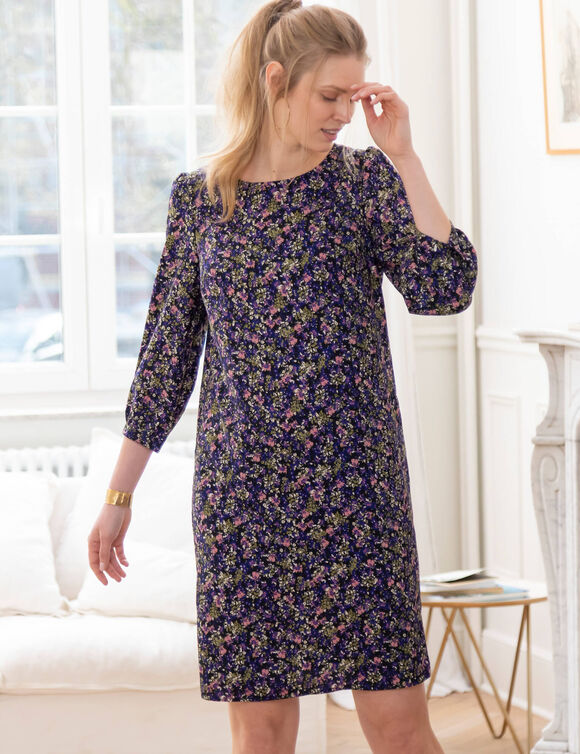 Robe droite manches 7/8ème imprimée (marine / bleu)