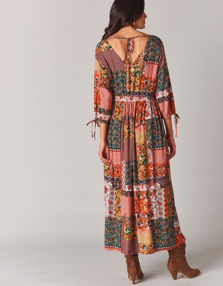 Robe longue imprimé patchwork col V (caramel / rouille)