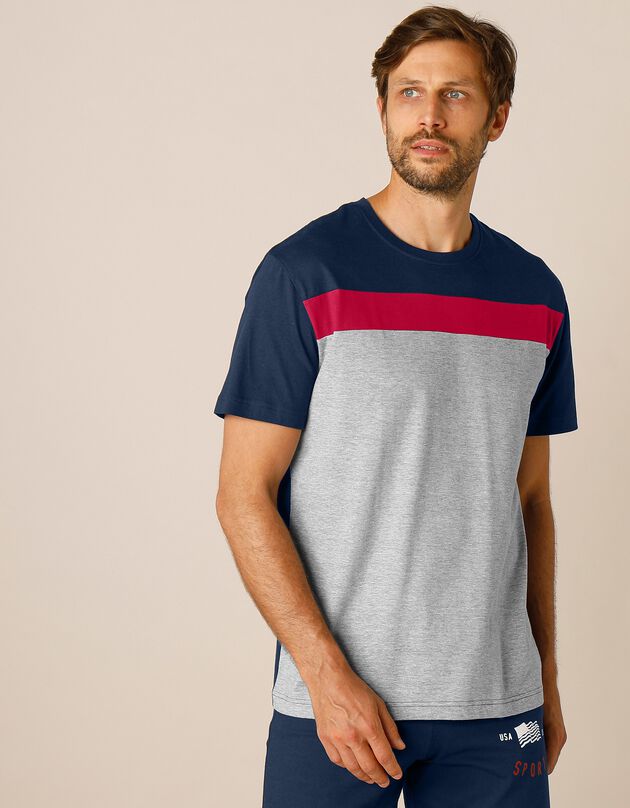 Tee-shirt pyjama tricolore manches courtes (marine / gris chiné)