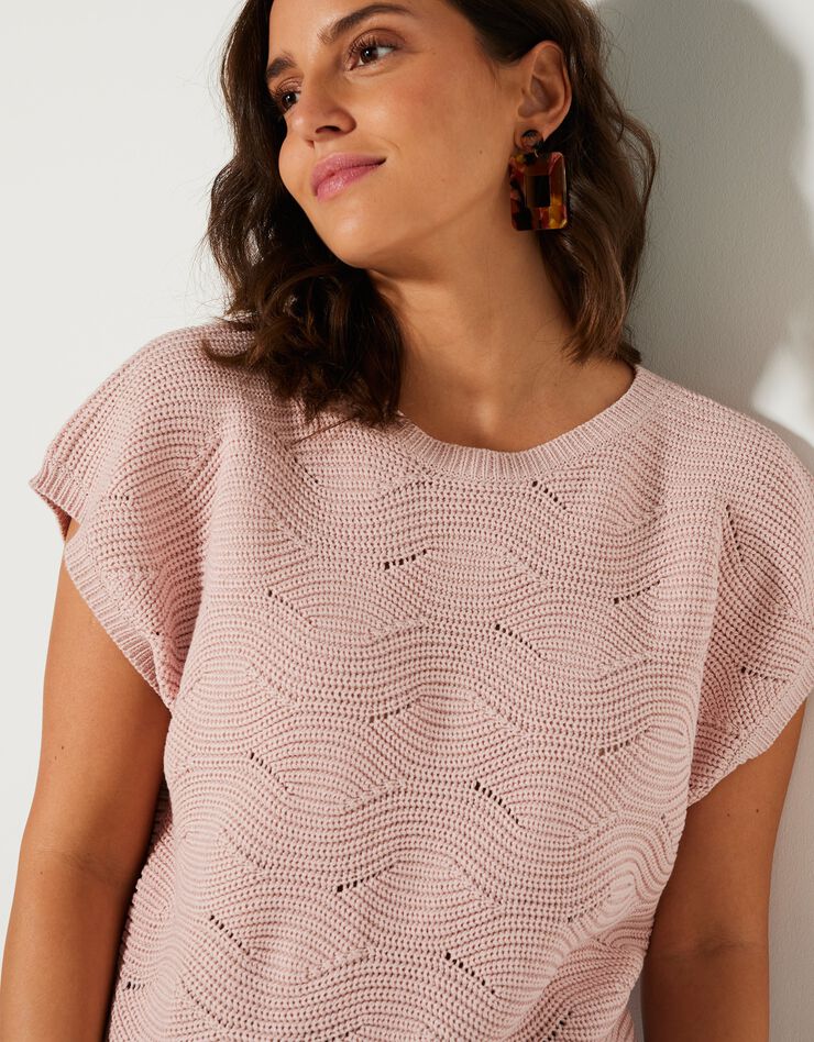 Pull manches courtes, maille fantaisie (rose poudré) Pull manches courtes, maille fantaisie (rose poudré)