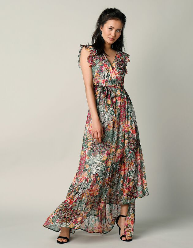 Robe longue en voile imprimée (noir / corail) Robe longue en voile imprimée (noir / corail)