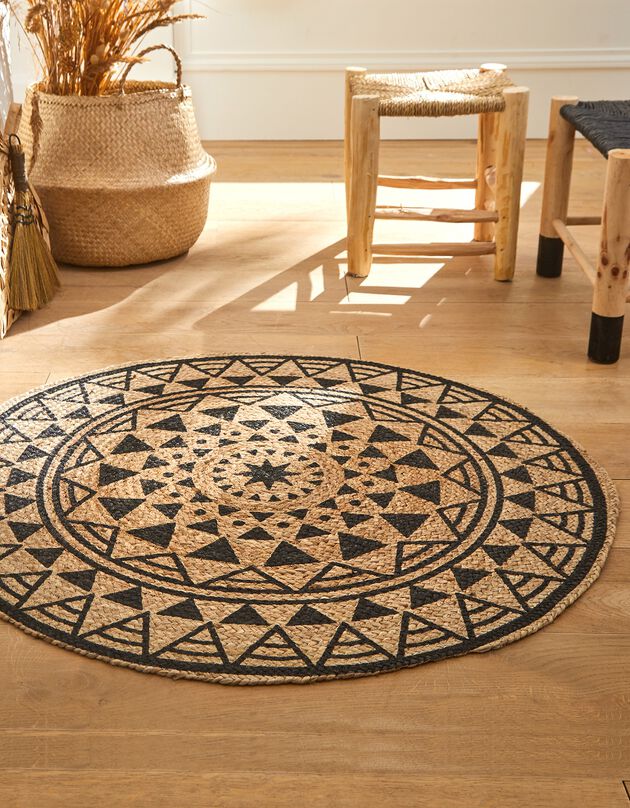 Tapis rond en jute imprimé noir (imprimé)