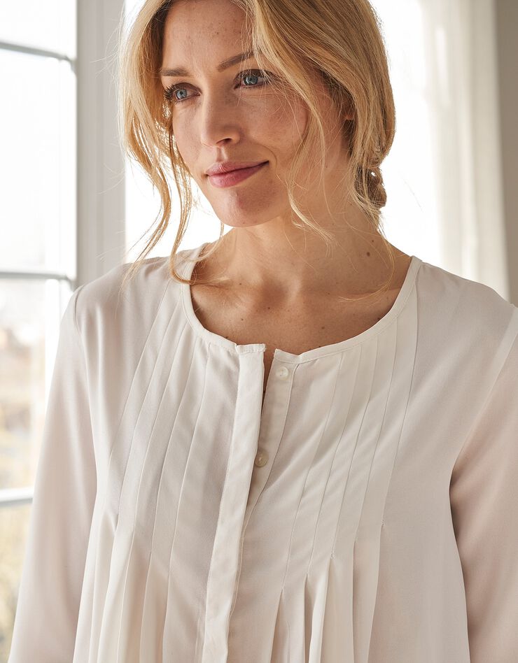 Blouse boutonnée à plis évasée unie, crêpe (écru) Blouse boutonnée à plis évasée unie, crêpe (écru)