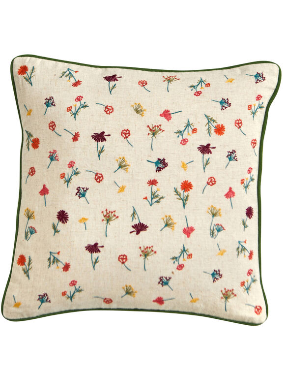 Coussin coton lin broderie fleurie (vert / orange)
