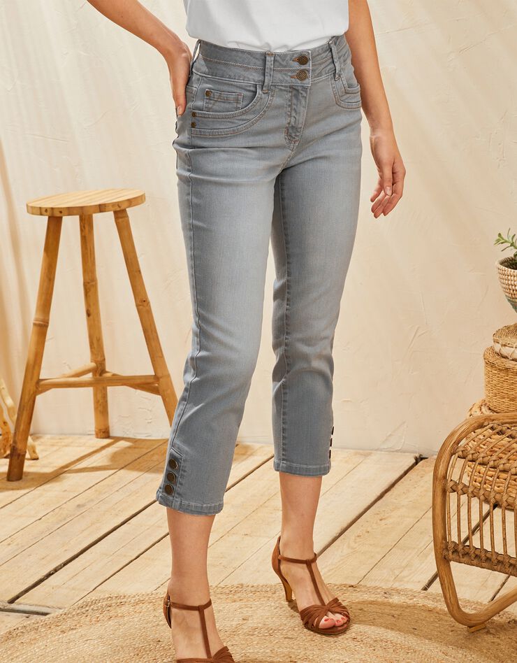 Pantacourt fuselé base boutonnée, jean stretch (gris) Pantacourt fuselé base boutonnée, jean stretch (gris)