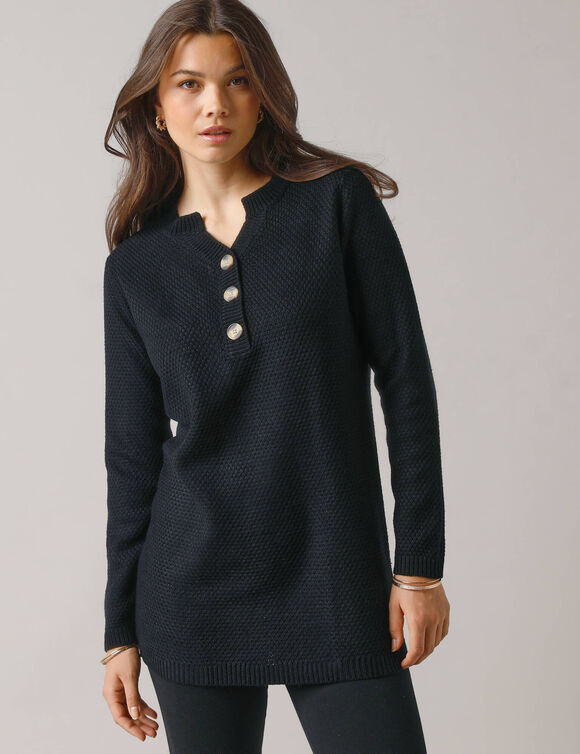 Pull tunique col tunisien, maille fantaisie (noir)