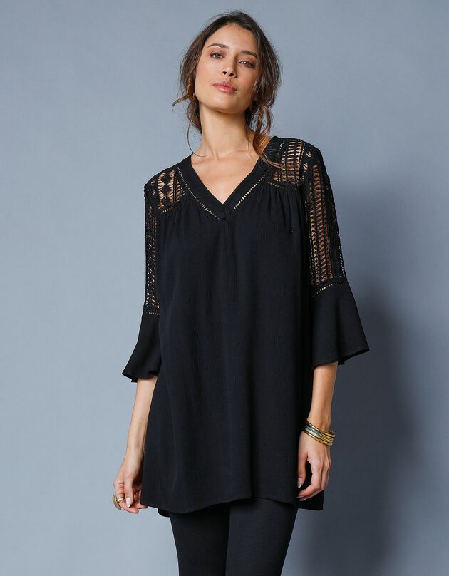 Tunique unie, détails macramé  (noir)