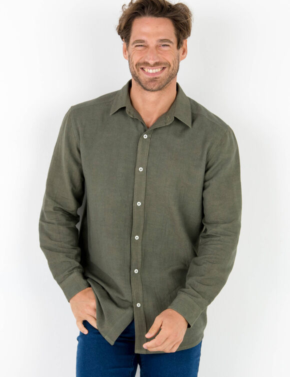 Chemise coton lin manches longues boutonn&eacute;e (kaki)