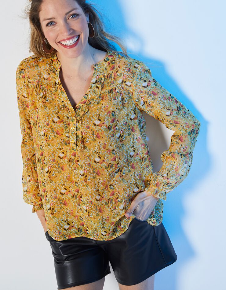 Blouse volantée, voile imprimé (miel / corail) Blouse volantée, voile imprimé (miel / corail)