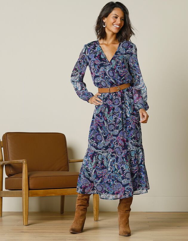 Robe mi-longue en voile imprimé (marine / bleu)
