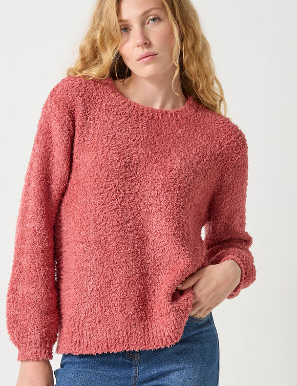 Pull manches longues maille bouclette, épaules tombantes (rose)
