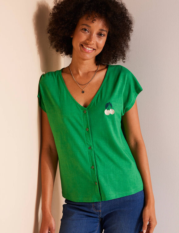 T-shirt col V boutonné brodé cerises (vert)