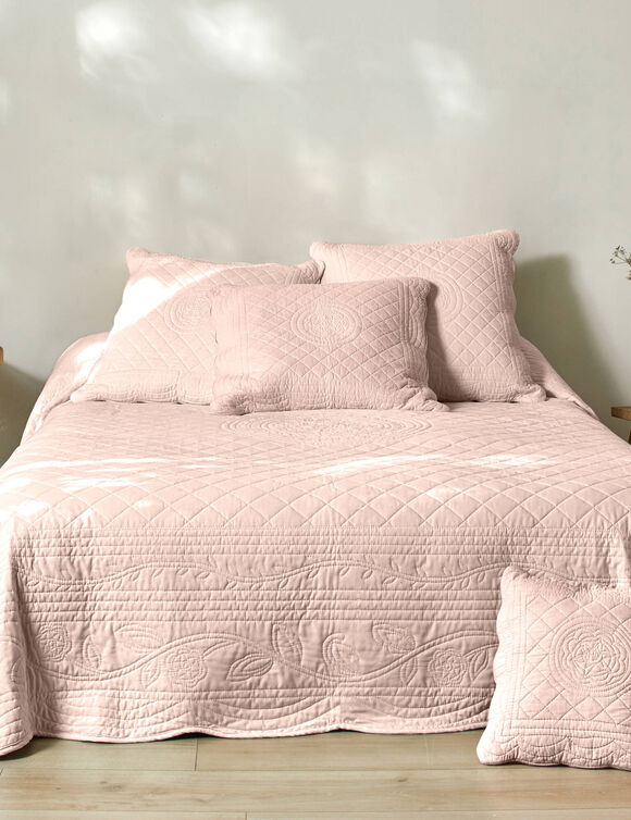 Couvre-lit uni style boutis Cassandre  (rose th&eacute;)