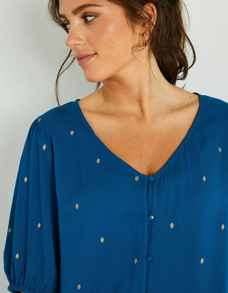 Blouse imprimé doré, crépon (bleu paon / doré) Blouse imprimé doré, crépon (bleu paon / doré)