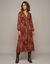 Robe longue col V, voile imprim&eacute; fleurs indiennes XXL (bordeaux)
