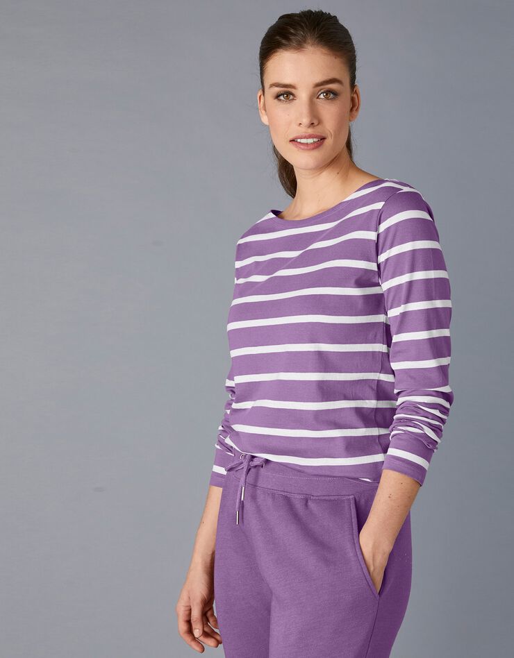 Tee-shirt marinière manches longues en coton bio, éco-responsable (violet / blanc)