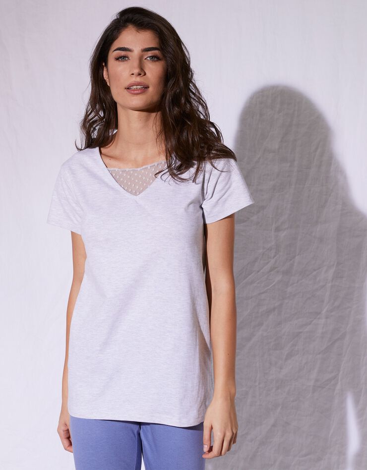 Tee-shirt col plumetis manches courtes (gris chiné) Tee-shirt col plumetis manches courtes (gris chiné)