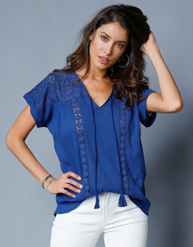 Tunique macramé crépon coton (bleu)
