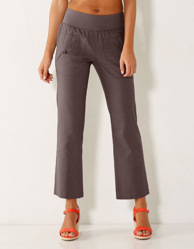 Pantalon coupe droite 7/8ème taille élastiquée, lin coton (marron glacé)