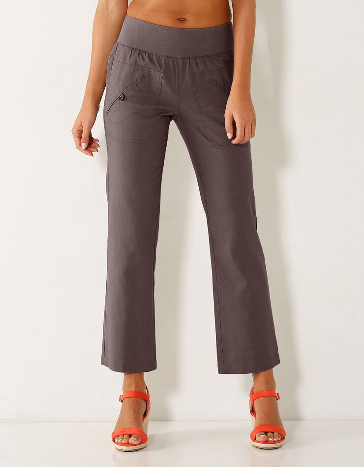 Pantalon coupe droite 7/8ème taille élastiquée, lin coton (marron glacé) Pantalon coupe droite 7/8ème taille élastiquée, lin coton (marron glacé)